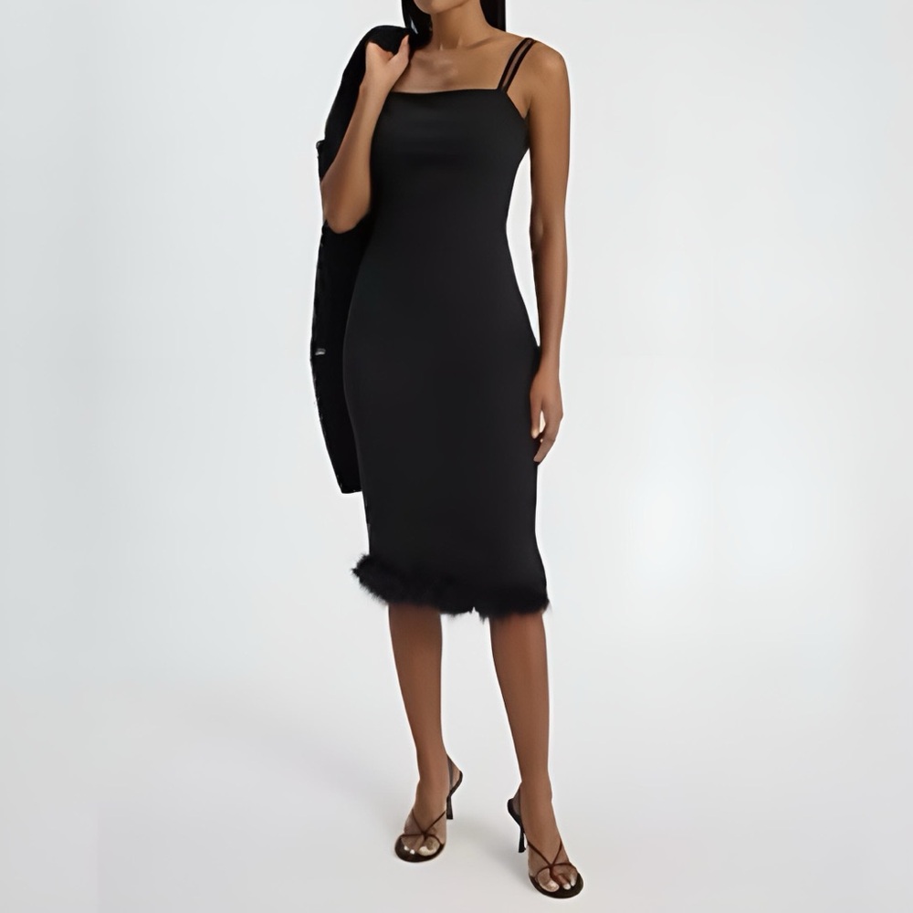 Express Sleeveless Double Strap Feather Hem Midi Sheath Dress Black size M NWT